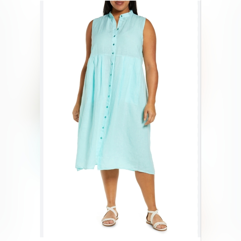 Eileen Fisher blue hand dyed organic linen sleeveless shirt dress 1X
